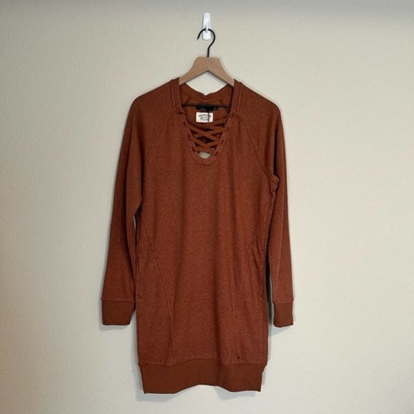 Prana Cozy Up Terry Dress Lace Up Neck Long Sleeve Brown S New Roux Heather #36 - Picture 3 of 6